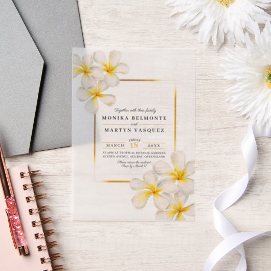 Frangipani wit goud tropische bruiloft vellum uitnodigingen (Huwelijk)