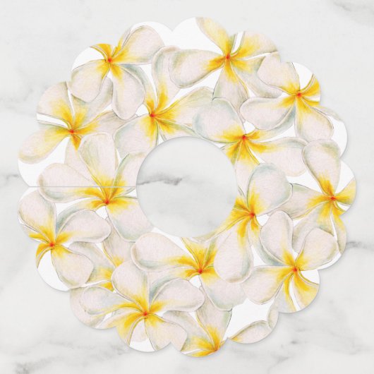 Frangipani witte gele bloemen tropische bruiloft wijnglaslabel (Achterkant)