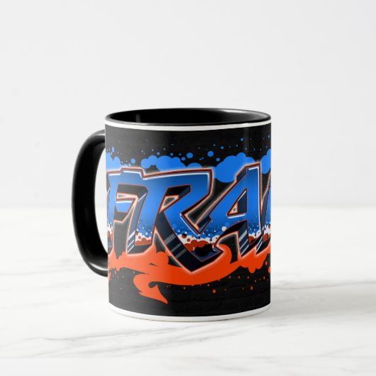 Frank prénom nom graffiti bleu orange tasse (Devant gauche)