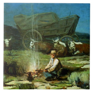 Frank Tenney Johnson Westerse kunst "Eenzame Nacht Tegeltje