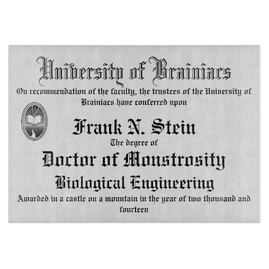 Frankenstein-diploma snijplank (Voorkant)