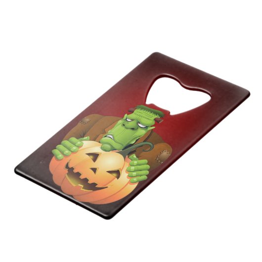 Frankenstein Monster Cartoon met pompoen Kredietkaart Flessenopener (Voorkant Gekanteld)