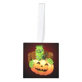 Frankenstein Monster Cartoon met pompoen Kubus Ornament (Voorkant)