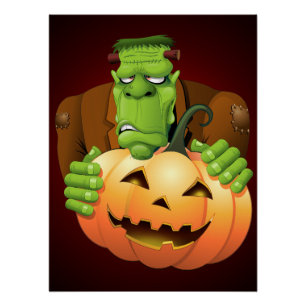 Frankenstein Monster Cartoon met pompoen Perfect Poster