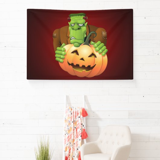 Frankenstein Monster Cartoon met pompoen Spandoek (Insitu)