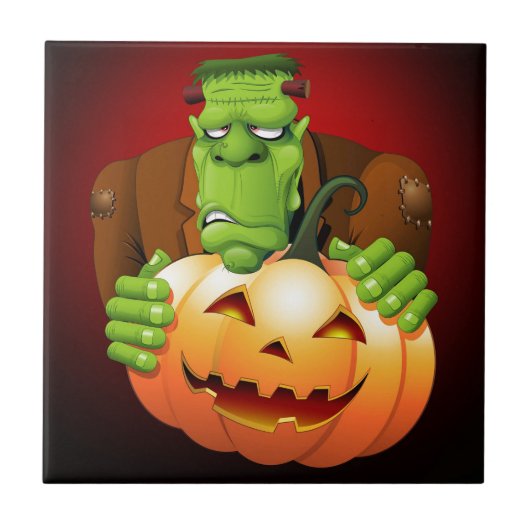 Frankenstein Monster Cartoon met pompoen Tegeltje (Voorkant)