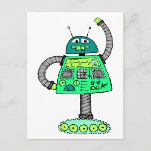 Frankie robot, groen op wit briefkaart