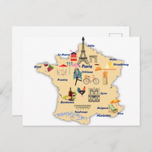 Frankrijk Kaart toeristische bestemmingen met name (Voorkant / Achterkant)