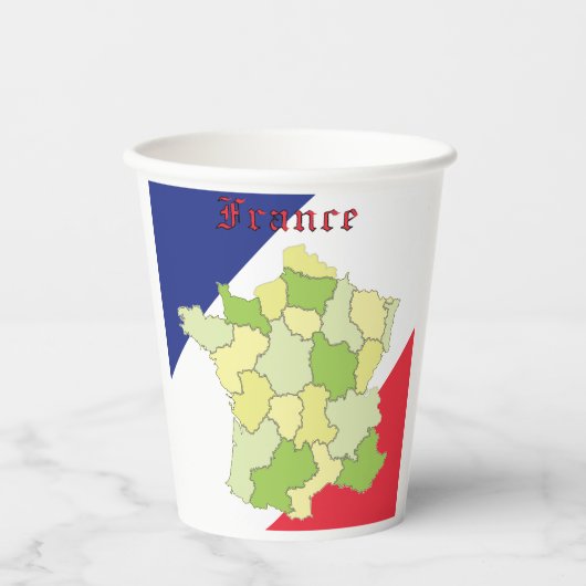 Frankrijk nationale kleuren en kaart papieren bekers (Voorkant)