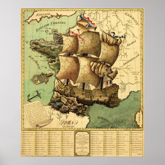 Frankrijk vertegenwoordigd als ShipPanoramic Map Poster (Voorkant)