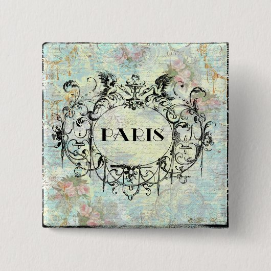 Frans Antiek Rococo-ontwerp en roze rozen Vierkante Button 5,1 Cm (Voorkant)