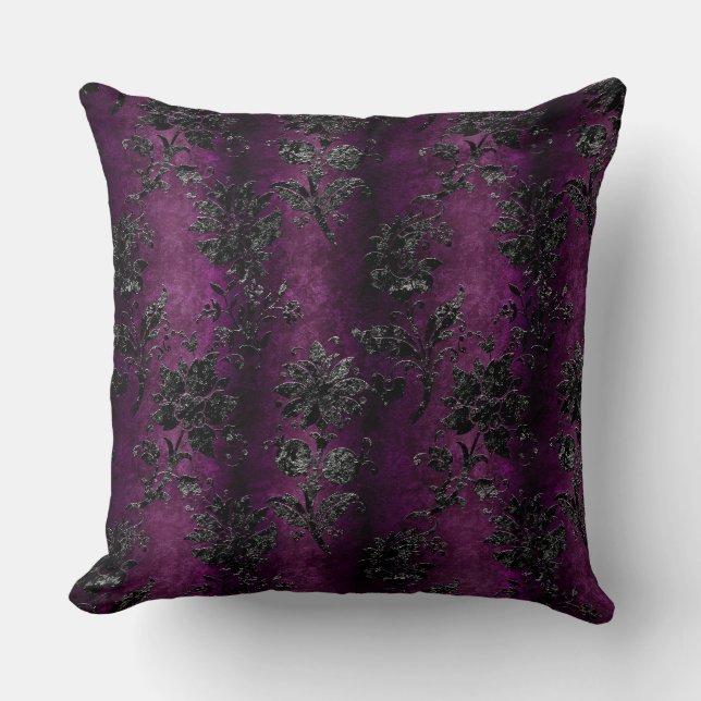 Frans  Black Floral Damask Paars Pattern Kussen (Voorkant)