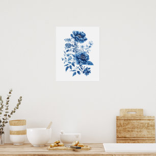 Frans Blauw Aquarel Toile Chinoiserie Bloemmotief Poster