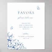 Frans Blauw Bloemen Bruiloft Favor Sign Poster (Voorkant)