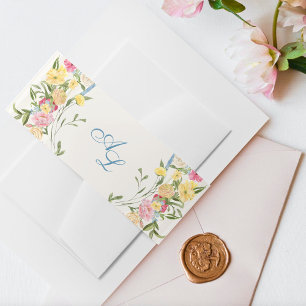 Frans Blauw Bloemen Monogram Crest Wedding Uitnodigingen Wikkel