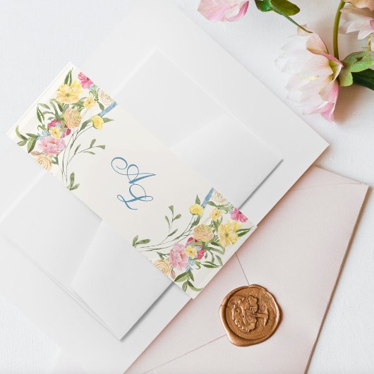 Frans Blauw Bloemen Monogram  Crest Wedding Uitnodigingen Wikkel