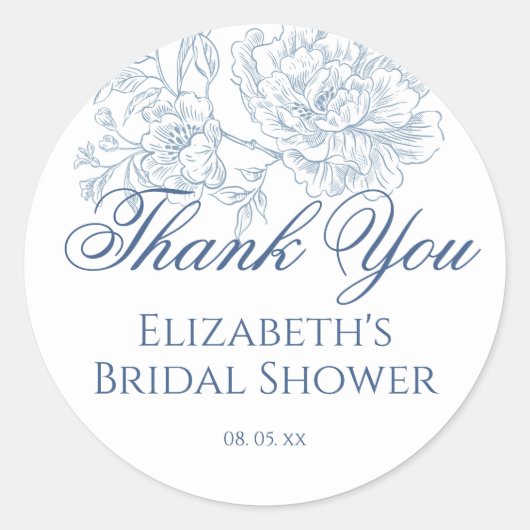 Frans Blauw Bloemen Toile Script Dank u Ronde Sticker (Voorkant)