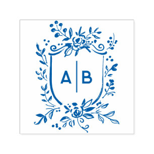 Frans Blauw Botanisch Wapen Huwelijksmonogram Zelfinktende Stempel