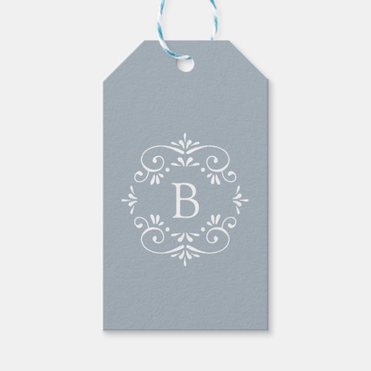 Frans Blauw en wit Elegant Monogram Cadeaulabel (Voorkant)