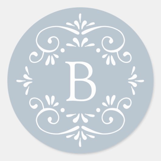 Frans Blauw en wit Elegant Monogram Ronde Sticker (Voorkant)