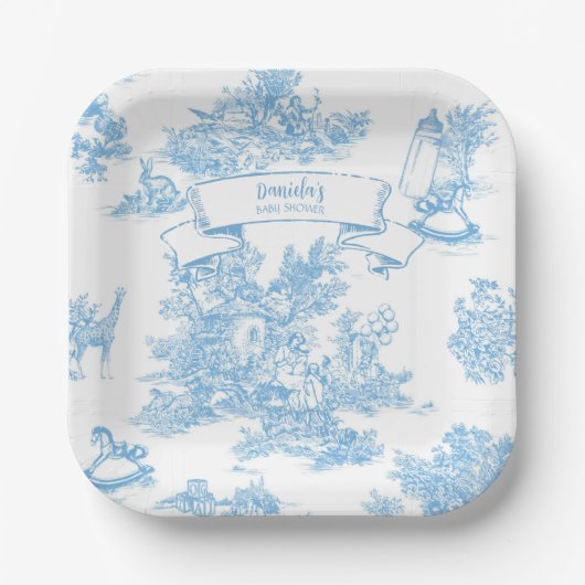 Frans Blauw en Wit Toile de Jouy Baby shower Papieren Bordje (Voorkant)