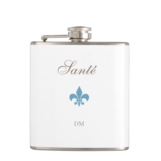 Frans Blauw Fleur de Lis Santé Monogram Bruiloft Heupfles (Voorkant)