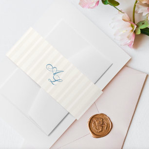 Frans Blauw Monogram  Cream Stripe Wedding Uitnodigingen Wikkel