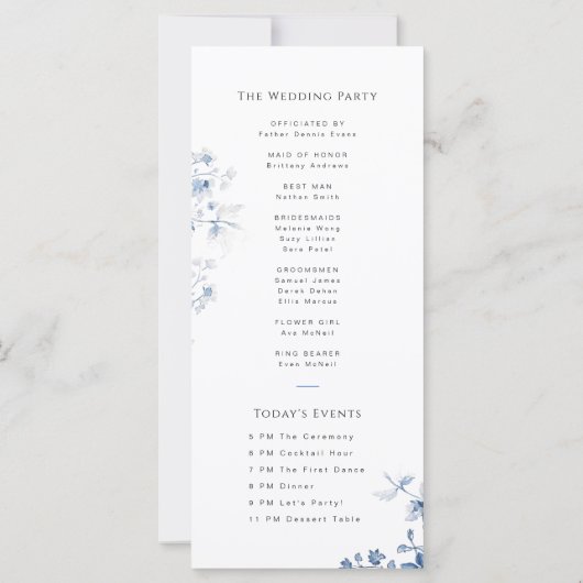 Frans Blauw Toile Bloemen Trouwprogramma Kaart (Achterkant)