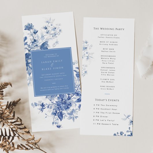 Frans Blauw Toile Bloemen Trouwprogramma Kaart