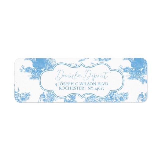Frans Blauw Wit Toile de Jouy Beer Baby shower Etiket (Voorkant)