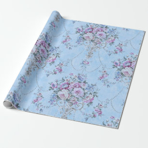 Frans Blauw Wit Victoriaans Stijl Bloemen Decoupag Cadeaupapier