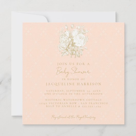 Frans Bloemen Elegant Toile Roze Goud Baby shower Kaart (Voorkant)