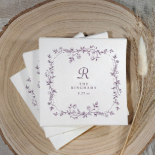 Frans bloemmotief Aubergine Paars Monogram Bruilof Servet