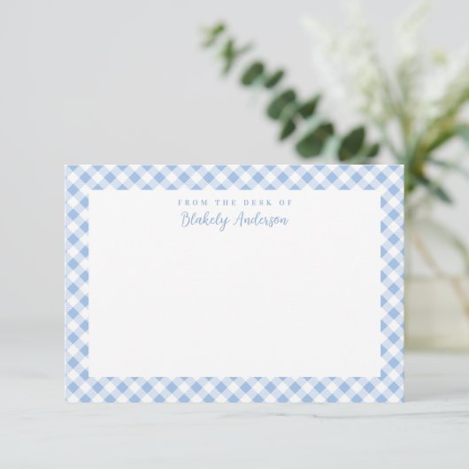 Frans Blue Gingham Check Personal Stationery Bedankkaart (Staand voorkant)