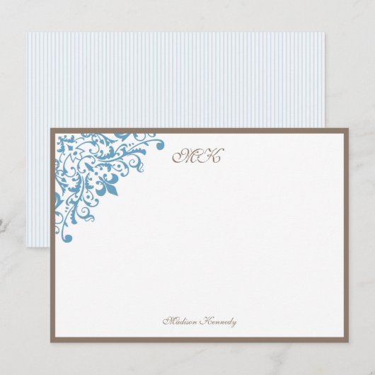 Frans Blue Stripe Fleur de Lis Personalized Notitiekaartje (Voorkant / Achterkant)