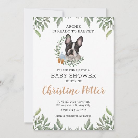 Frans Bulldog Dog Boy Boho Greenery Baby shower Kaart (Voorkant)