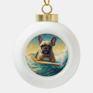 Frans Bulldog strand surfen schilderij Keramische Bal Ornament