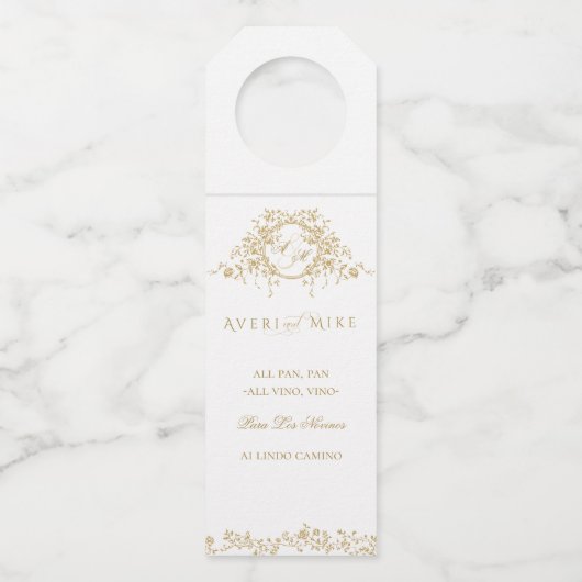 Frans Classic Elegant Goud Bloemen Bruiloft Flessenhanger (Voorkant)