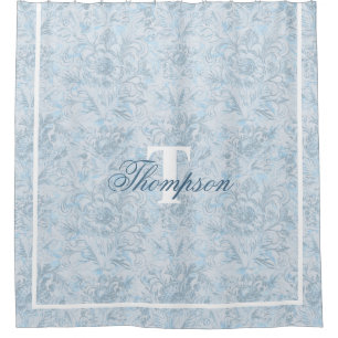 Frans Cottage Dusty Blue Floral Monogram Douchegordijn