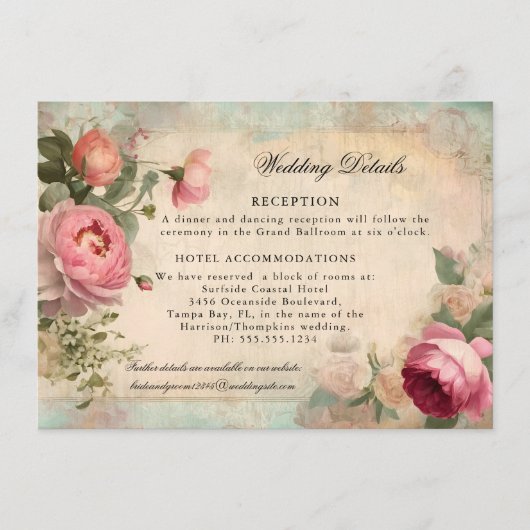 Frans Elegant Bloemen Blauw Bruiloft Details Informatiekaartje (Voorkant)