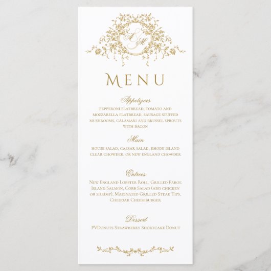 Frans Elegant Goud Flora Monogram Bruiloft Menu (Voorkant)