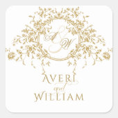  Frans Elegant Goud Flora Monogram Bruiloft Vierkante Sticker (Voorkant)
