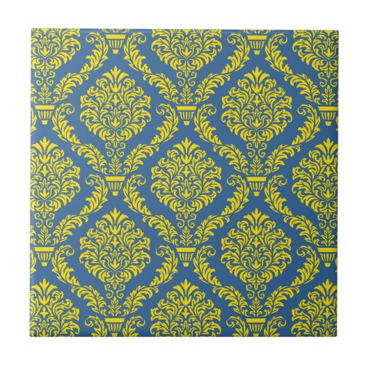 Frans Empire Damask in Azure Blue en Yellow Tegeltje (Voorkant)