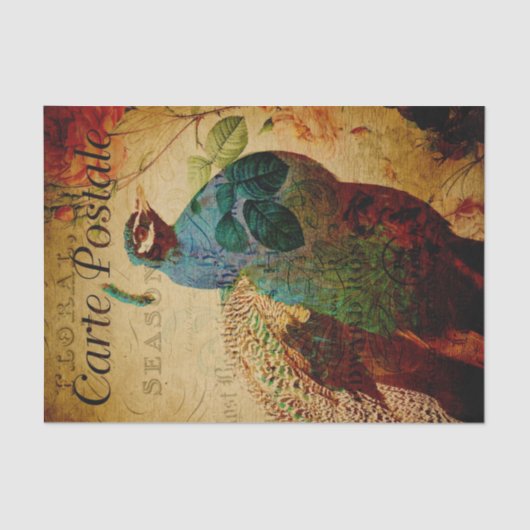 Frans Ephemera Blue Peacock Roos Floral Decoupage Tissuepapier (Voorkant)