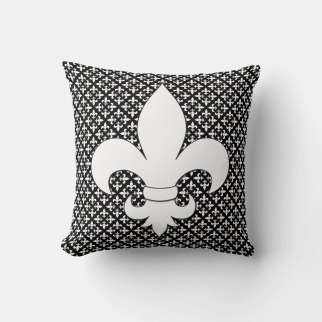 Frans Fleur de Lis Black en White Pattern Kussen (Voorkant)
