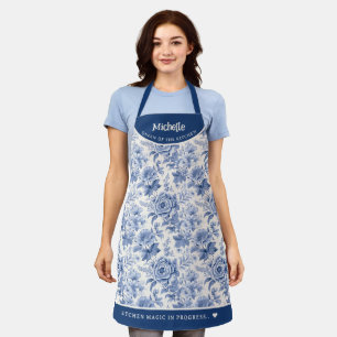  Frans gegraveerd Bloemen Toile Blauw Wit Schort