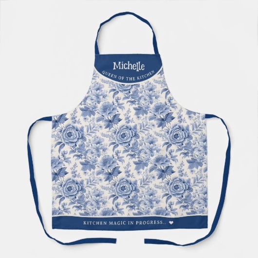 Frans gegraveerd Bloemen Toile Blauw Wit Schort (Voorkant)