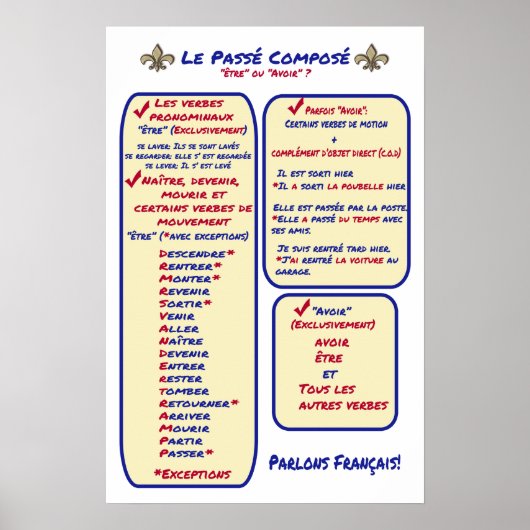 Frans Grammar Passe Compose Avoir ou Etre Poster (Voorkant)