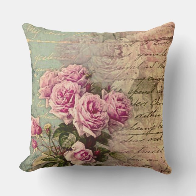 Frans land chic, shabby chic, roze rozen, flora buitenkussen (Voorkant)
