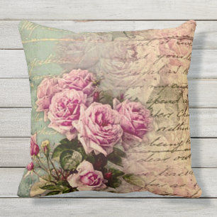 Frans land chic, shabby chic, roze rozen, flora buitenkussen